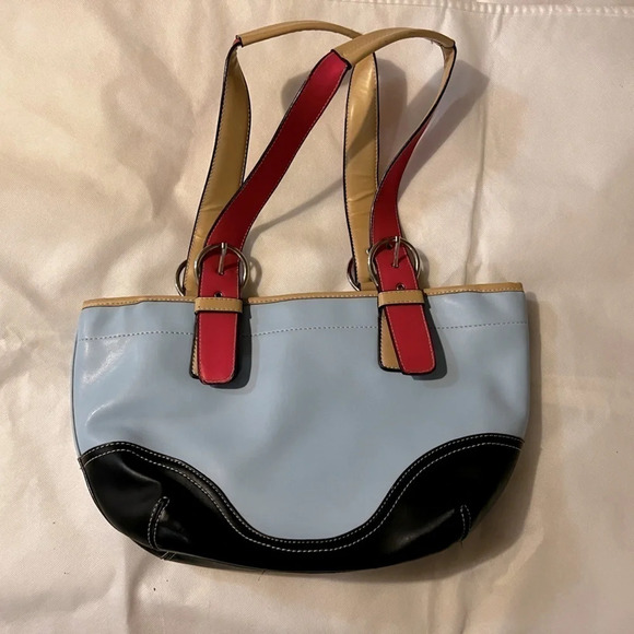 Color block pre owned faux leather shoulder bag blue red black - Picture 5 of 8